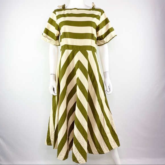 Toast Dresses Toast Size 2 Green Cream Wide Stripe Short Sleeve